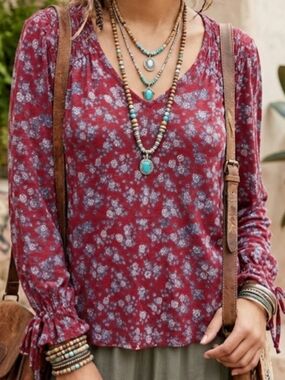 Lucky Brand Women’s V-Neck Floral Long-Sleeve Top - Red & Blue Large